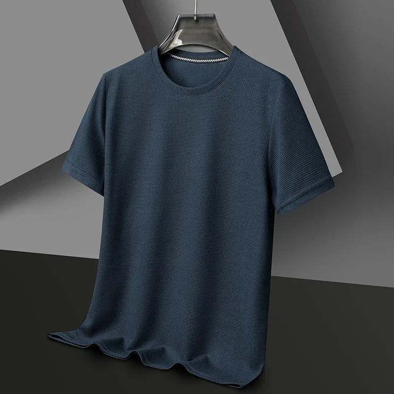 New Summer Waffle Round Neck Short Sleeved T-shirt