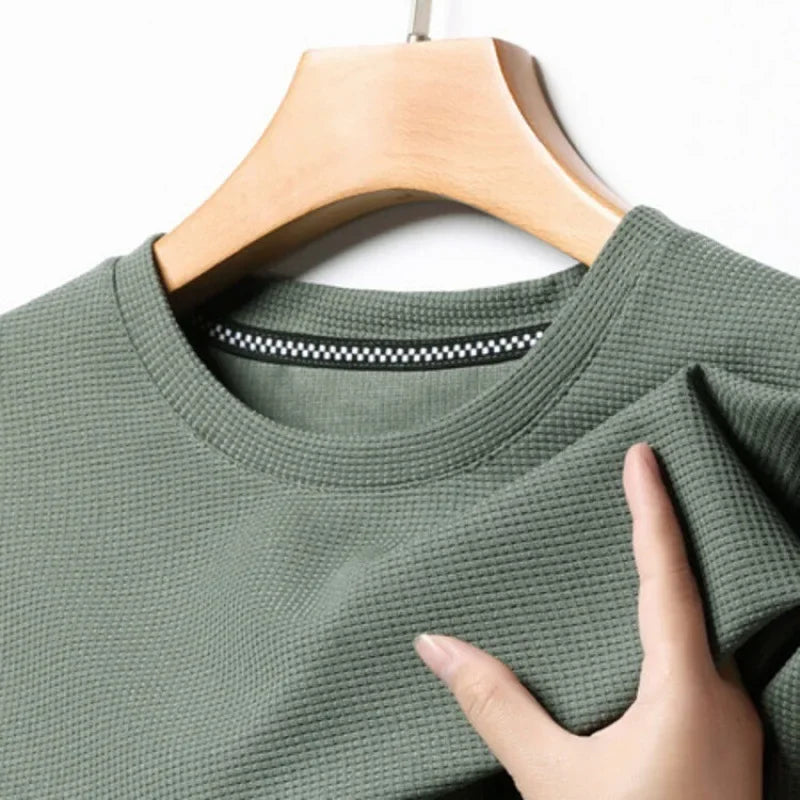 New Summer Waffle Round Neck Short Sleeved T-shirt
