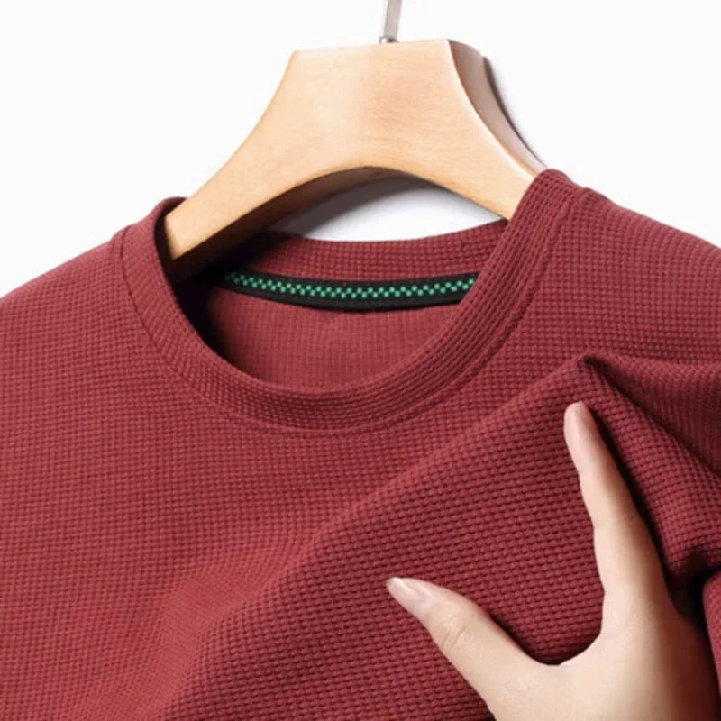 New Summer Waffle Round Neck Short Sleeved T-shirt