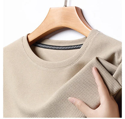 New Summer Waffle Round Neck Short Sleeved T-shirt